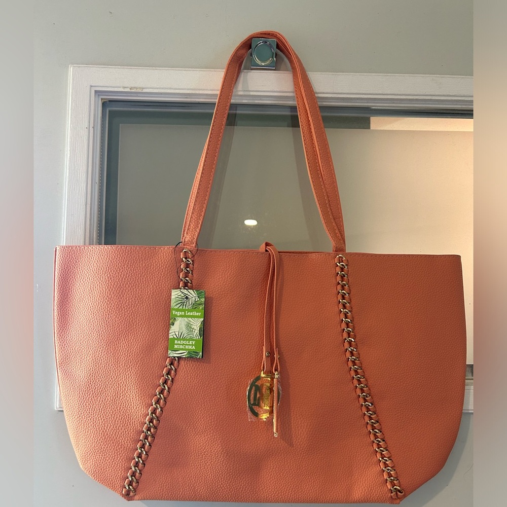 NWT Vegan Leather Orange Beach Tote Bag with Chain Details